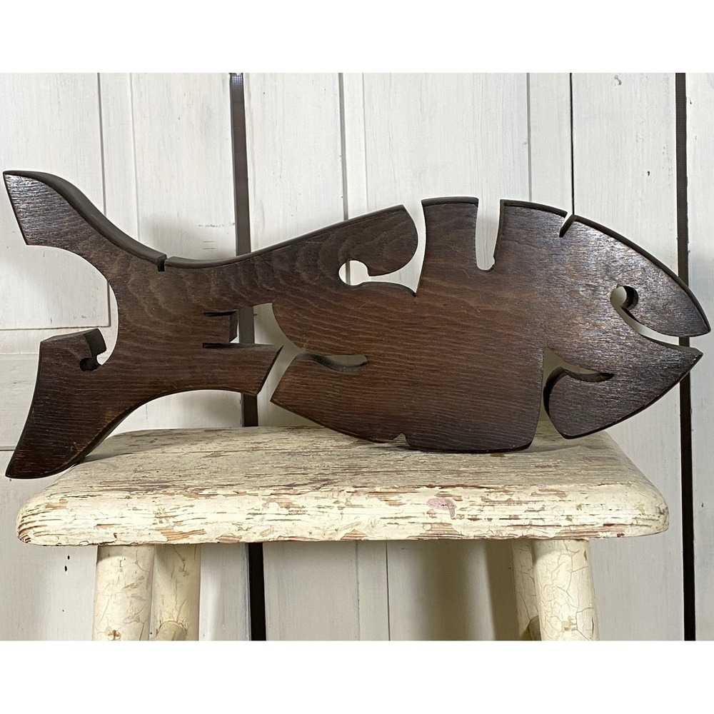 Vintage JESUS Fish Wood Cut-Out Wall Hanging/Display 18x9 Inch Handmade 1980s